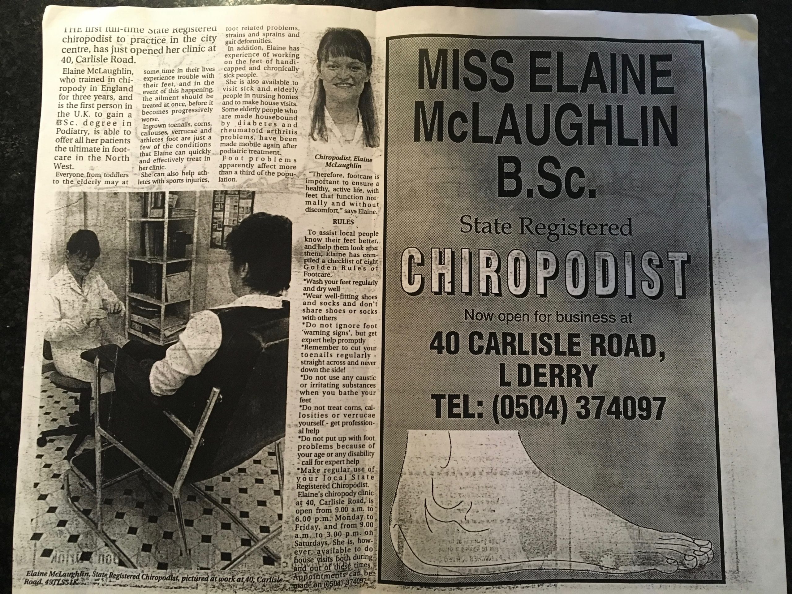 Original newspaper clipping showing Elaine McLaughlin at work and the opening advertisement for 40 Carlisle Road.